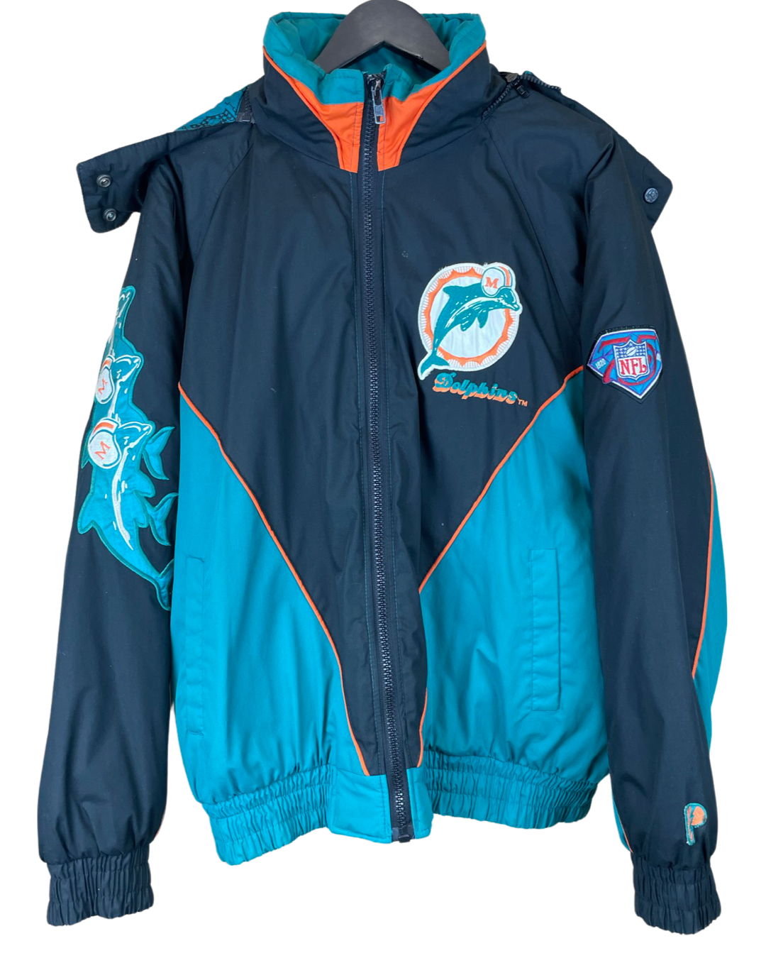 Vintage Pro Player White Miami Dolphins Hooded Windbreaker Jacket Coat Size  M